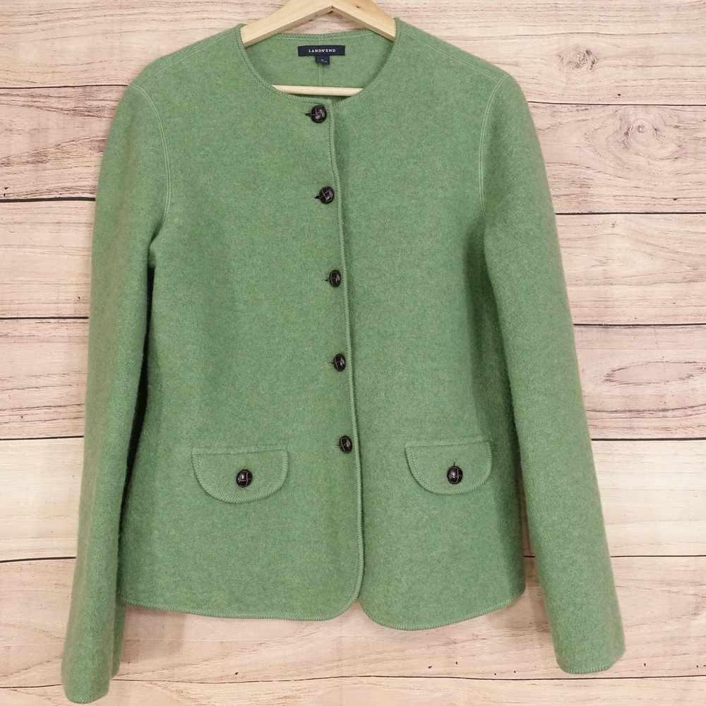 Lands' End Cardigan Sweater Womens 10‎ Green 100% Wool Button Front Pockets